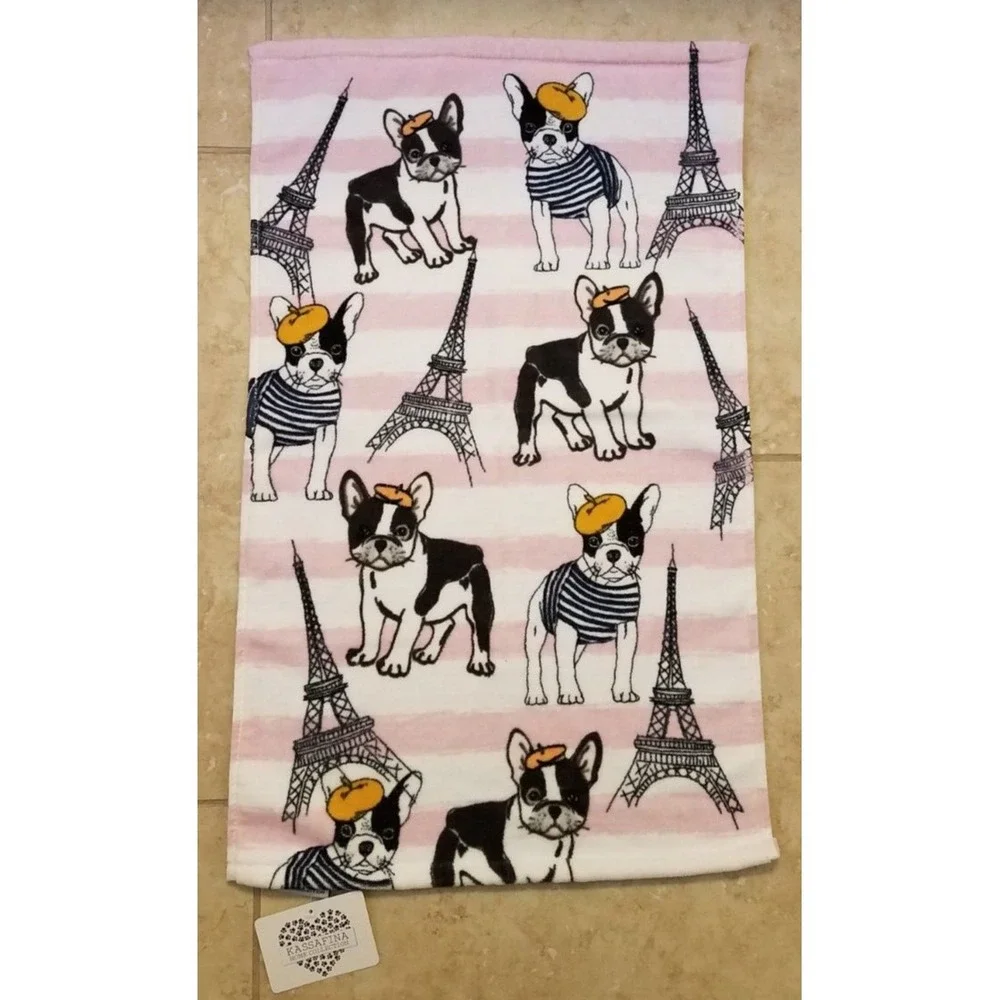 Kassafina 2pc Hand Towel‎ Set Boston Terrier French Bulldog Pink White Paris NEW